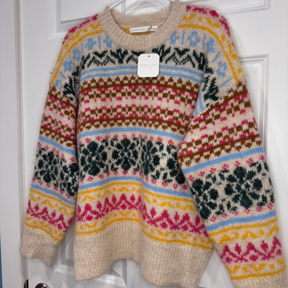 Altar'd State Women Fair Isle Snowflake Crewneck Sweater Multi Color Size XS NWT - Picture 4 of 5